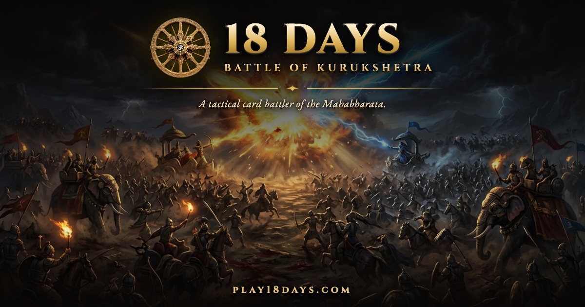 18 Days: Kurukshetra. Gold and violet Astras meet over an ancient battlefield.
